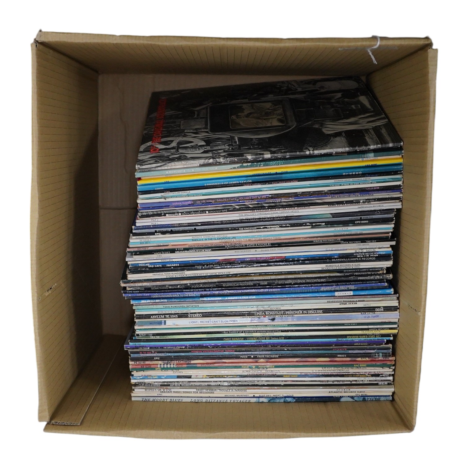 Approximately seventy-eight LP record albums, artists include; 10cc, James Taylor, Donna Summer, Carly Simon, Leo Sayer, Todd Rundgren, Linda Ronstadt, Cliff Richard, Pointer Sisters, Robert Palmer, The Moody Blues, etc.